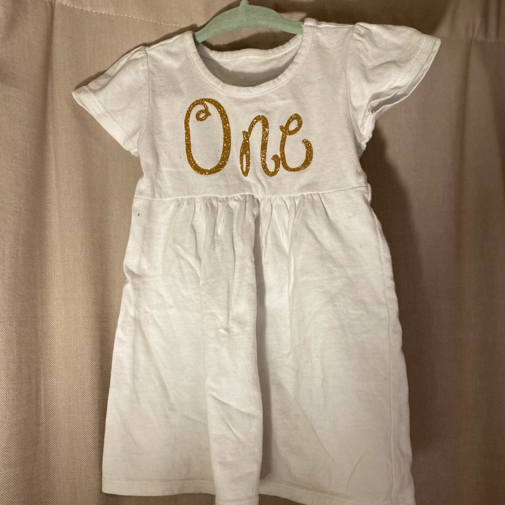 “One” monogrammed white dress 12 months